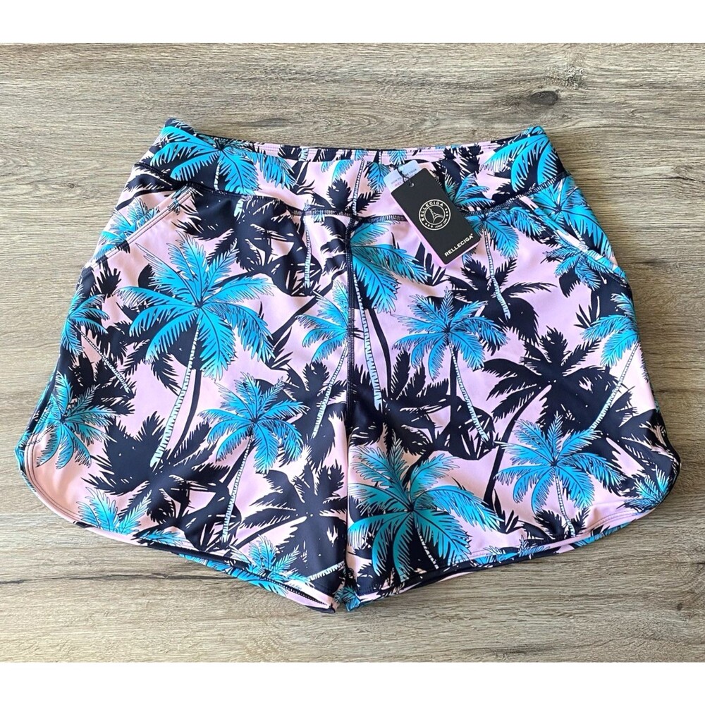 Relleciga Women's Swim Shorts Hawaiian Tree Print Pink UV UPF 50+ Size Large